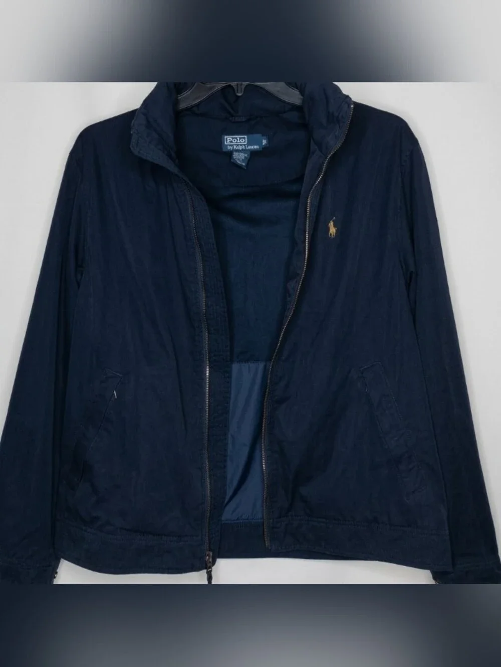 Vintage Mens L Polo Ralph Lauren Navy Hidden Hood Winter Coat Jacket Windbreaker